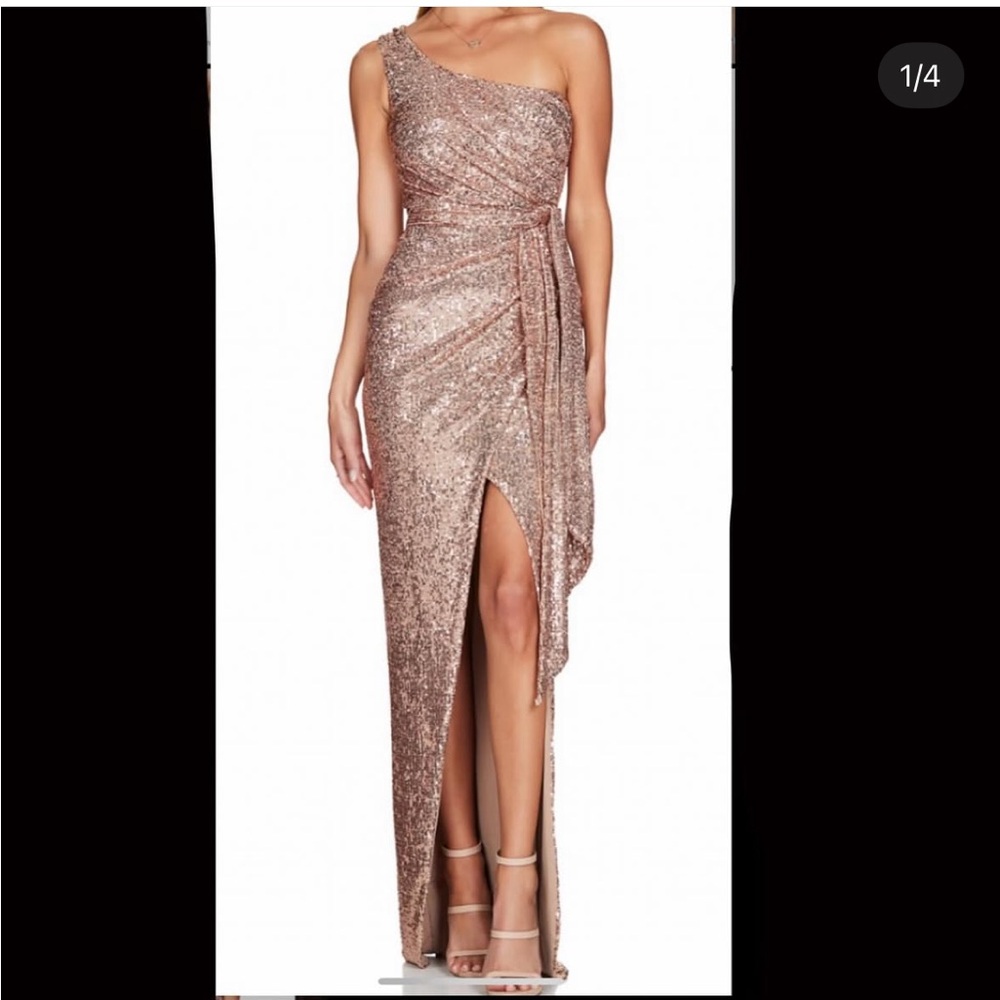 Nookie One Shoulder Sequin Dress in Rose Gold